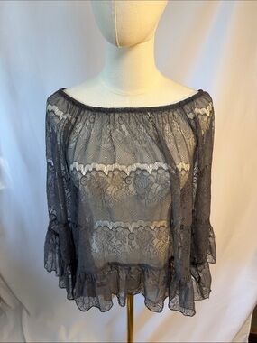 Miss Chievous Charcoal Gray Sheer Lace Off-Shoulder Blouse. Minimal hole on back